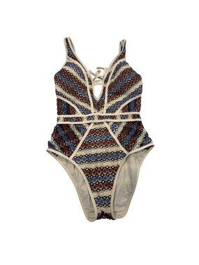 NWOT Becca By Rebecca Driftwood Virtue Crochet Plunge One-Piece Swimsuit XS NEW